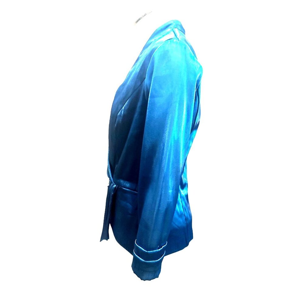 Jackie Jon New York Size 6 Teal Satin Wrap Tie Waist Top Back Zipper Luxe Shine - Picture 3 of 12